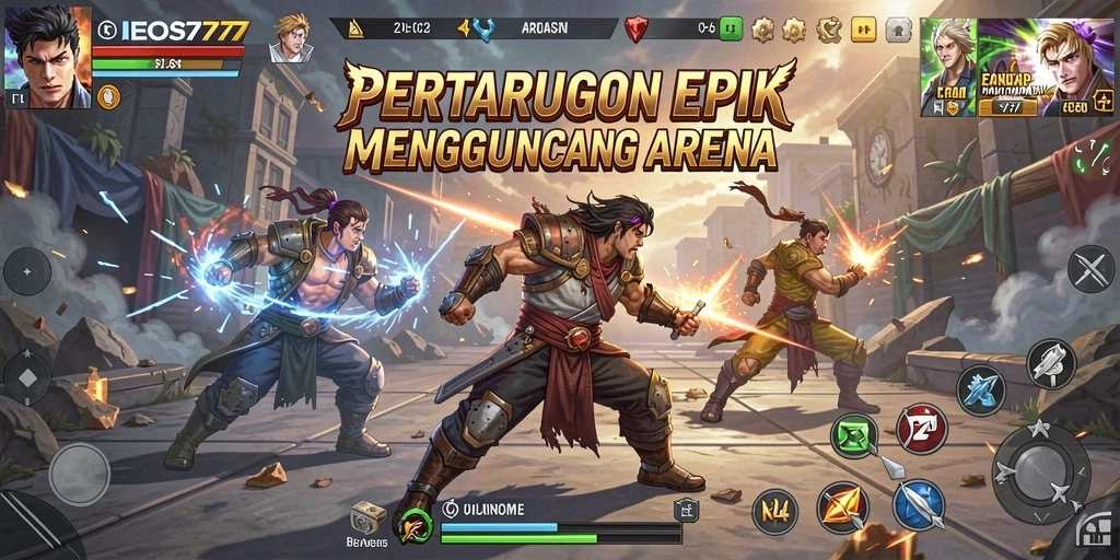 Screenshot menunjukkan pertempuran intens di arena EOS77.