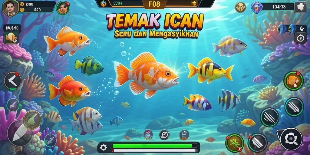 Screenshot gameplay F08 dengan berbagai ikan yang menarik.