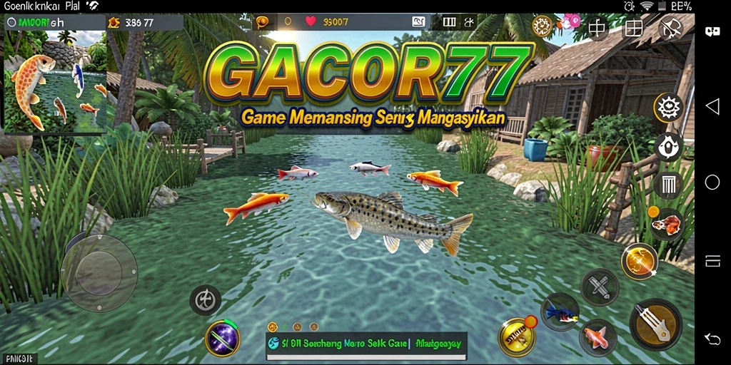 Screenshot utama GACOR77 menunjukkan pemain sedang menangkap ikan di laut.