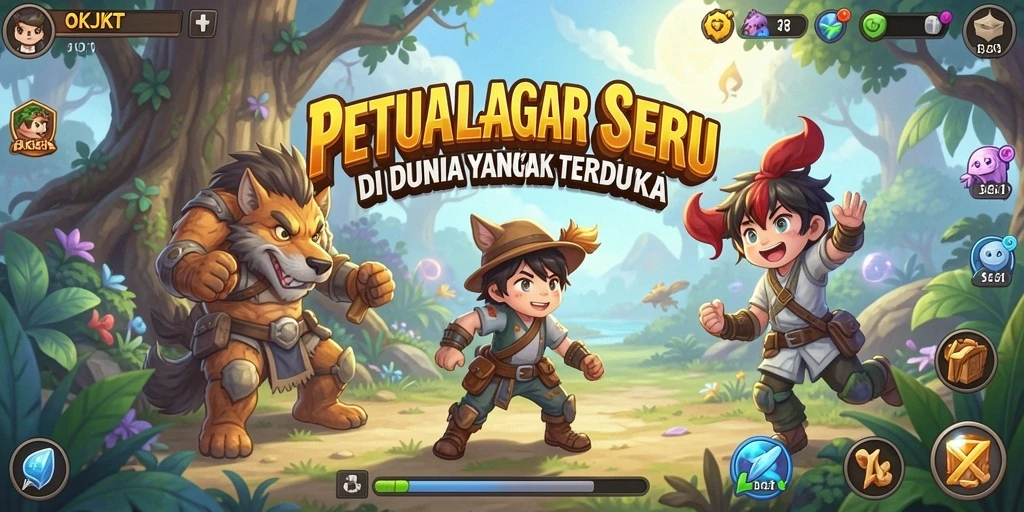 Screenshot utama OKJKT menampilkan karakter sedang menjelajahi hutan rimbun.