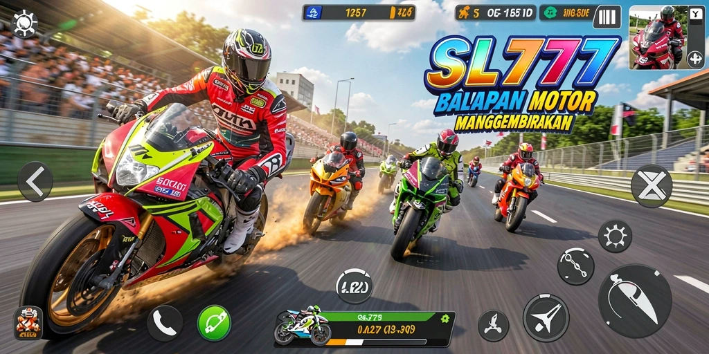 Screenshot gameplay SL777 yang menampilkan balapan motor yang intens.