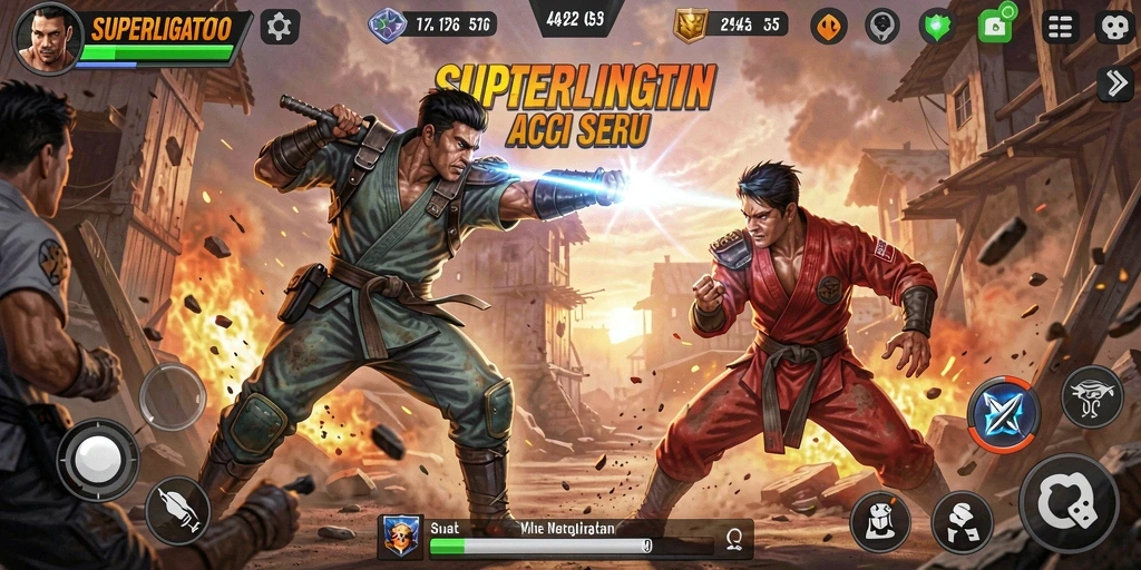 Tangkapan layar SUPERLIGATOTO menampilkan pertarungan epic yang mendebarkan.